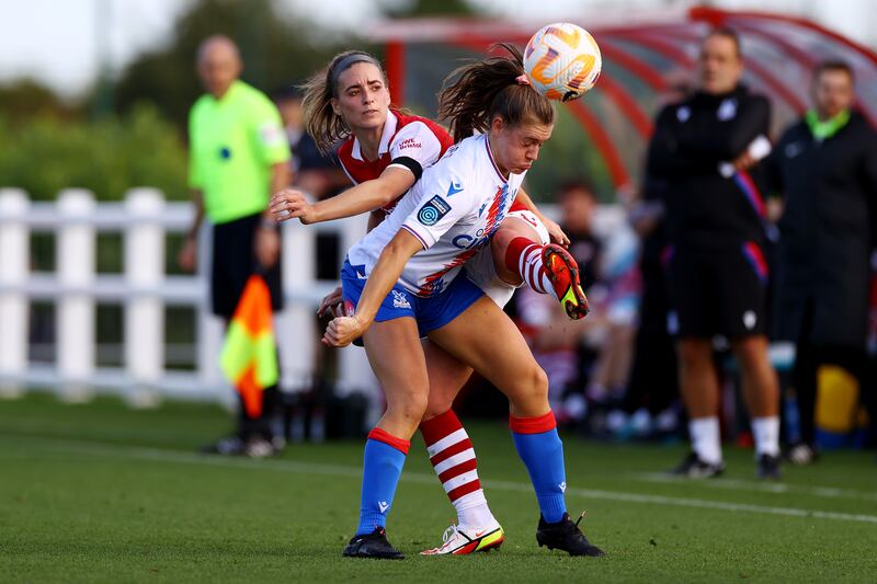 Chloe Mustaki (red) in action against Crystal Palace. Photograph: Michael Steele/Gett Images