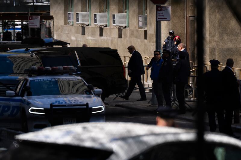 Former US president Donald Trump leaves after the first day of testimony in his criminal trial at Manhattan Criminal Court. Photograph: Maansi Srivastava/New York Times
                      