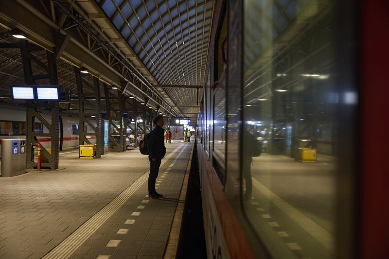 The Good Night Train service, operated by European Sleeper, stops at Amsterdam Centraal station. Photograph: Ksenia Kuleshova/Bloomberg via Getty 