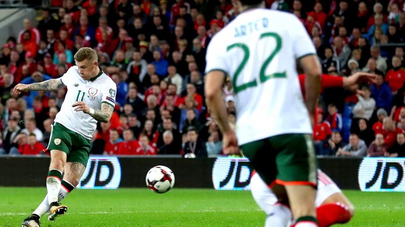 James McClean scores Ireland’s winning goal in the World Cup qualifier against Wales at Cardif City stadium in October. Photograph:  James Crombie/Inpho