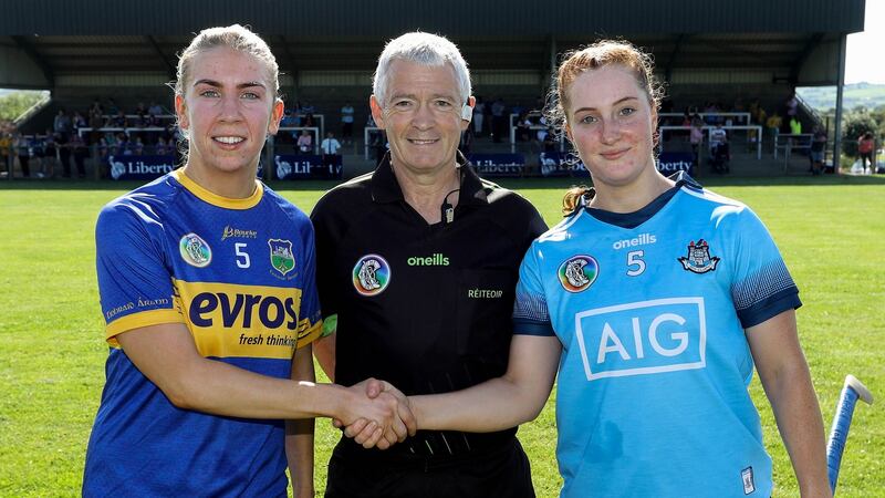 Right, Dublin senior camogie captain Róisín Baker  at the Tipperary vs Dublin match with Tipperary’s  Quirke and  referee Cathal Egan. Photograph: ©INPHO/Lorraine O’Sullivan