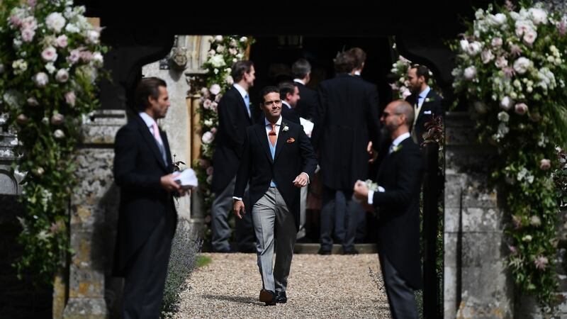 Spencer Matthews (centre), the brother of groom James Matthews, walks towards the entrance of St Mark’s Church. Photograph: Justin Tallis/PA
