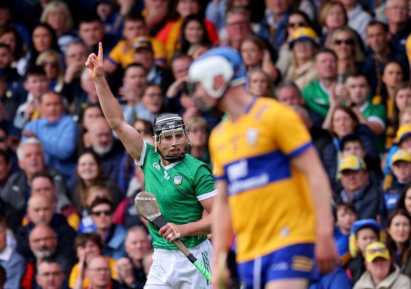 Gearóid Hegarty celebrates scoring a point for Limerick in the Munster final win over Clare. Photograph: James Crombie/Inpho 