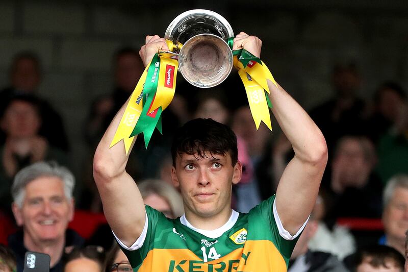 David Clifford lifts the cup after Kerry beat Clare in the Munster football championship final, TUS Gaelic Grounds, Limerick, this summer. Photograph: Inpho
