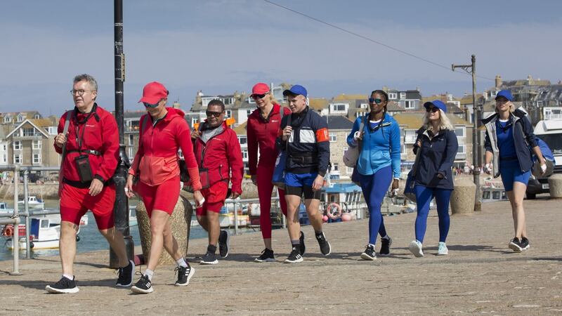 Chums: Tom Watson, Victoria Pendelton CBE, Craig Charles, Jodie Kidd, Joe Weller, Denise Lewis OBE, Lucy Fallon and Kimberly Wyatt prepare to Rock the Boat