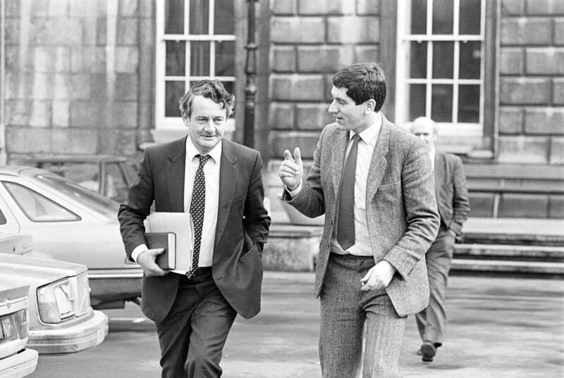 Former Fianna Fáil minister Des O'Malley talks to RTÉ journalist Charlie Bird outside the Dáil after his New Republic speech in 1985. Six days later he was expelled from Fianna Fáil for conduct unbecoming. Photograph: Eamonn Farrell/RollingNews.ie