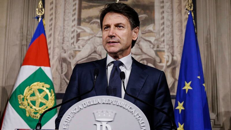 Giuseppe Conte addresses the media at the Quirinale presidential palace in Rome, Thursday night.  Photograph:  AP