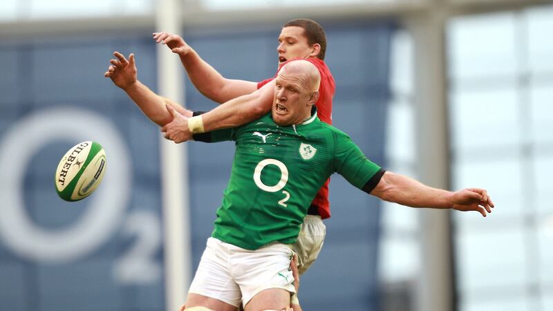 Paul O’Connell beats Wales Ian Evans to the ball during a Six Nations game at the Aviva stadium in 2012. Photograph:  Billy Stickland/Inpho