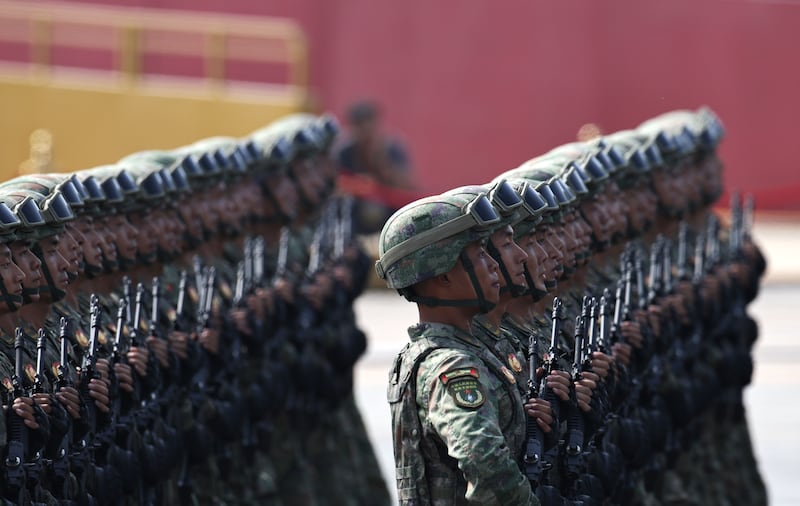 Chinese troops march during a military parade marking the 80th anniversary of the end of the Sino-Japanese War, in Beijing, China, on Wednesday. Photograph: EPA