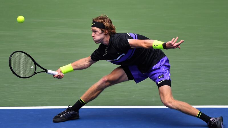 Andrey Rublev of Russia hits a return against Stephanos Tsitsipas of Greece during their first-round match at the US Open at Flushing Meadows. Photograph: Johannes Eisele/AFP/Getty Images