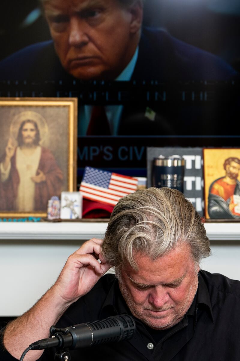 Steve Bannon during a recording of his War Room podcast in his basement studio in Washington, DC. Photograph: Erin Schaff/New York Times
                      