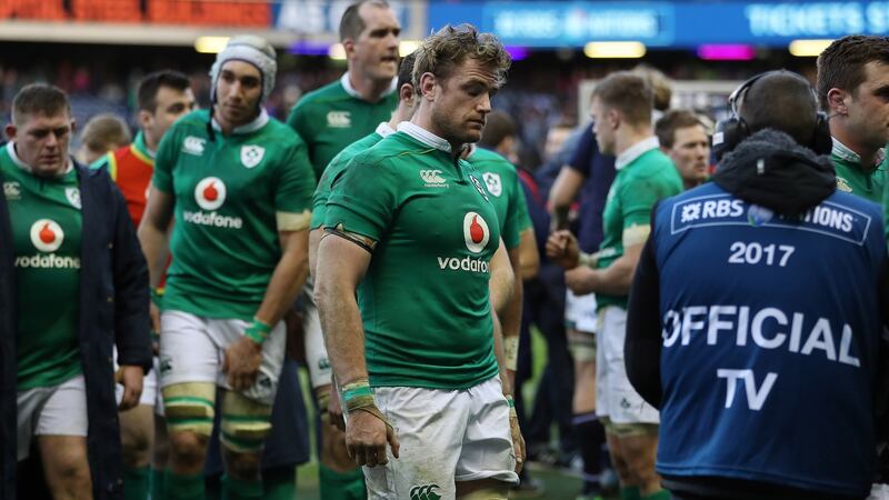 Ireland’s Jamie Heaslip leaves the pitch after their defeat to Scotland at Murrayfield last year. Photo: Billy Stickland/Inpho