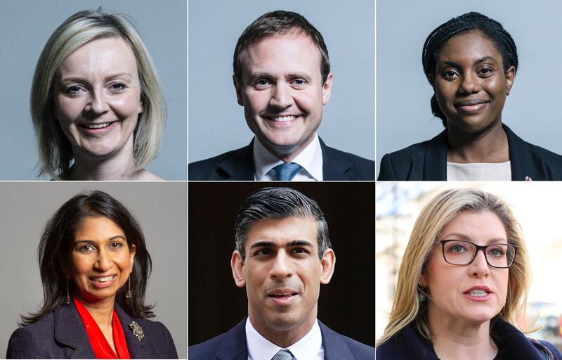 The six candidates in the Conservative Party leadership race: top, Liz Truss, Tom Tugendhat and Kemi Badenoch; and bottom, Suella Braverman, Rishi Sunak and Penny Mordaunt. Photograph: UK Parliament/PA
