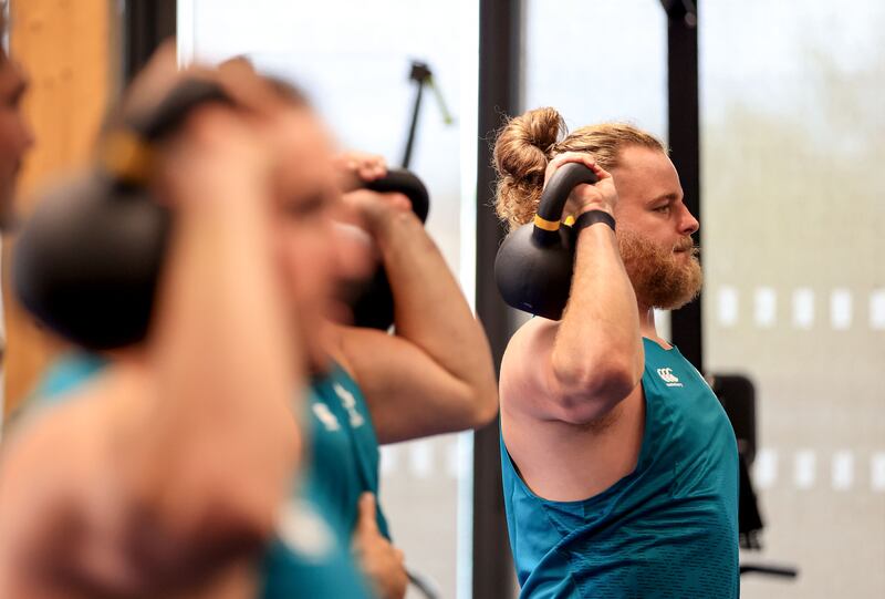 Finlay Bealham goes through his paces during a gym session at Ireland's training base in Stade de la Chambrerie, Tours, France. Photograph: Dan Sheridan/Inpho 