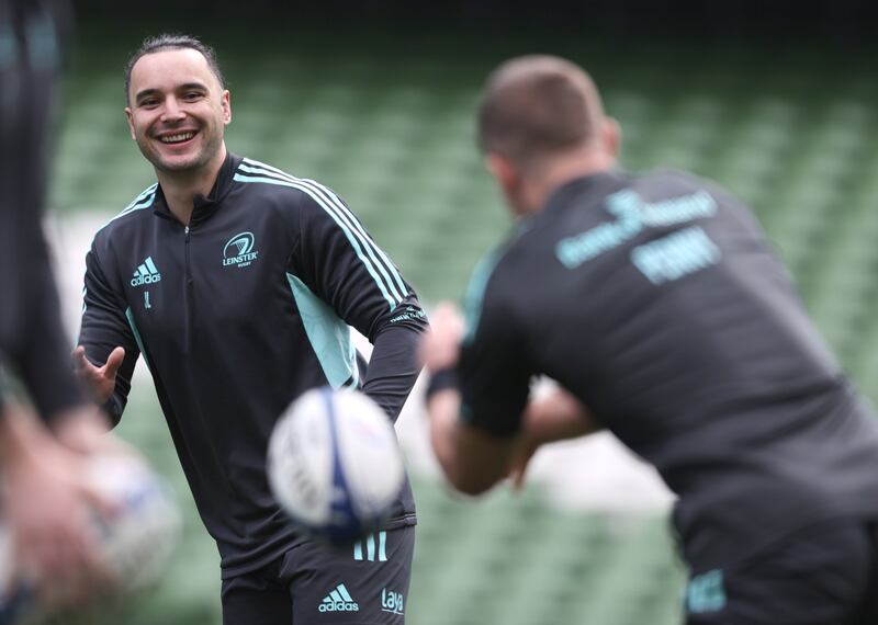 James Lowe shows no sign of nerves as Leinster warm up for the quarterfinal. Photograph: Tom Maher/Inpho