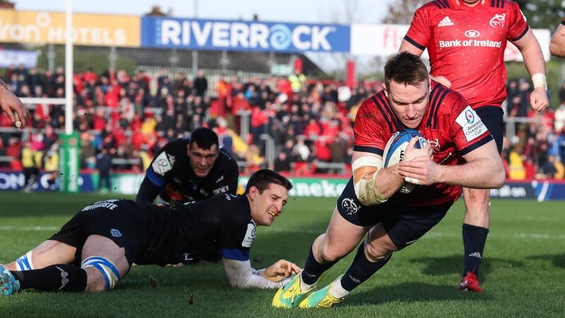 Late call-up Rory Scannell scores Munster’s opening try. Photograph: Billy Stickland/Inpho