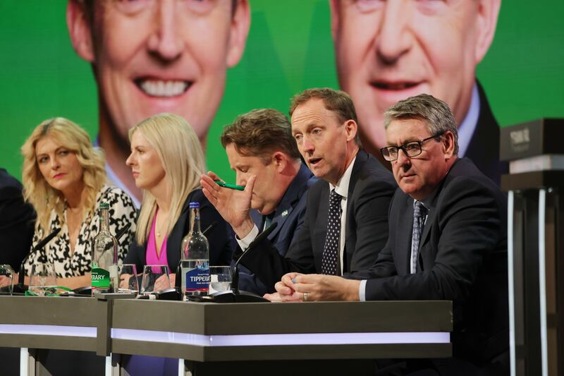 Candidates Cynthia Ní Mhurchú (Ireland South), Lisa Chambers (Midlands-North-West), Barry Andrews (Dublin) and Billy Kelleher (Ireland South) with Fianna Fáil director of elections Darragh O’Brien (centre) at party's European election launch. Photograph: Alan Betson
