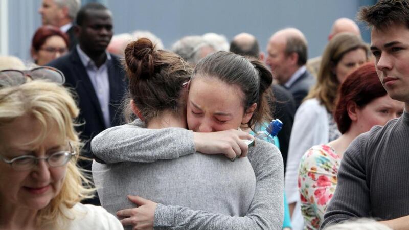 People embrace at the Memorial service which was held at UCD for those who died at Berkeley.  Student images from the UCD Berkeley Mass held in the Universities Church this afternoon. Photograph: Nick Bradshaw