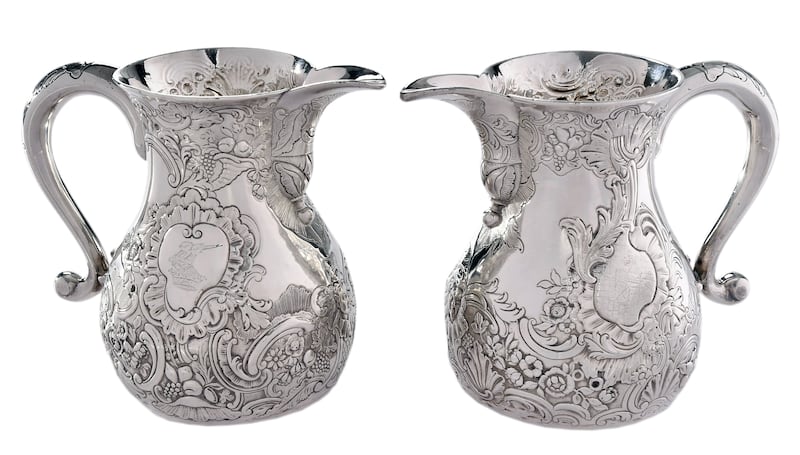 Silver beer jugs made by Dublin silversmith John Moore in the mid 18th century ($15,000-$25,000) at Brink Auction of Jerold D Krouse Collection: Masterpieces from American and Ireland