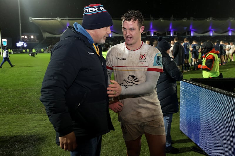 Ulster's outhalf Billy Burns celebrates with head coach Dan McFarland following the narrow win over Leinster at the RDS. Photograph: Laszlo Geczo/Inpho 