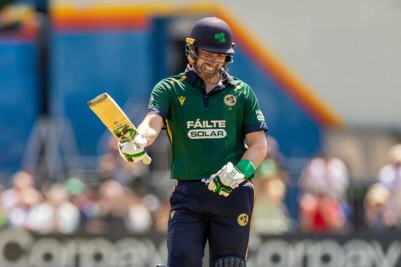 Ireland’s Andrew Balbirnie celebrates scoring a century against West Indies at Castle Avenue in Clontarf. Photograph: Morgan Treacy/Inpho