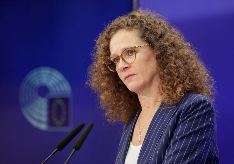 Dutch member of the European Parliament and President of Pegasus committee Sophie in 't Veld presents draft findings of a spyware inquiry in Brussels last year. Photograph: Olivier Hoslet/EPA