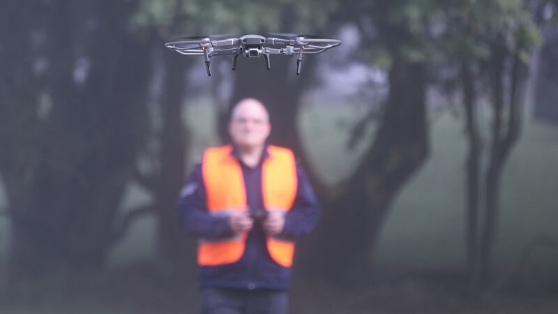 Gardaí use a drone to search a wooded ares on the Kildare/Wicklow border for the remains of Deirdre Jacob. Photograph: PA