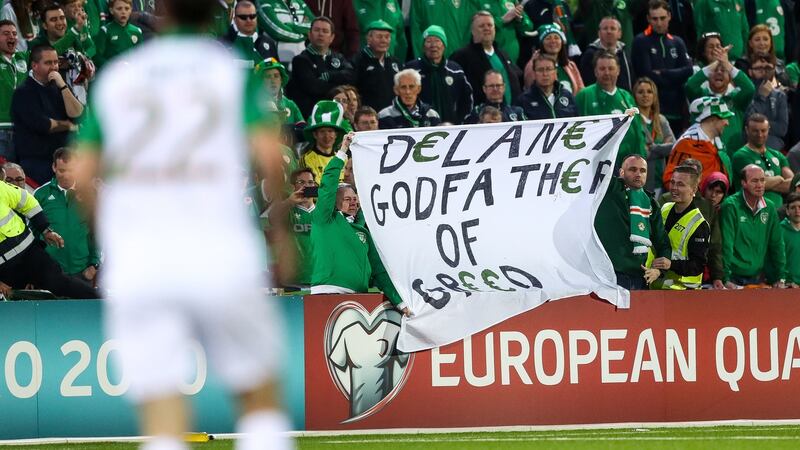 Ireland fans display a banner in protest of John Delaney in Gibraltar. Photograph: James Crombie/Inpho
