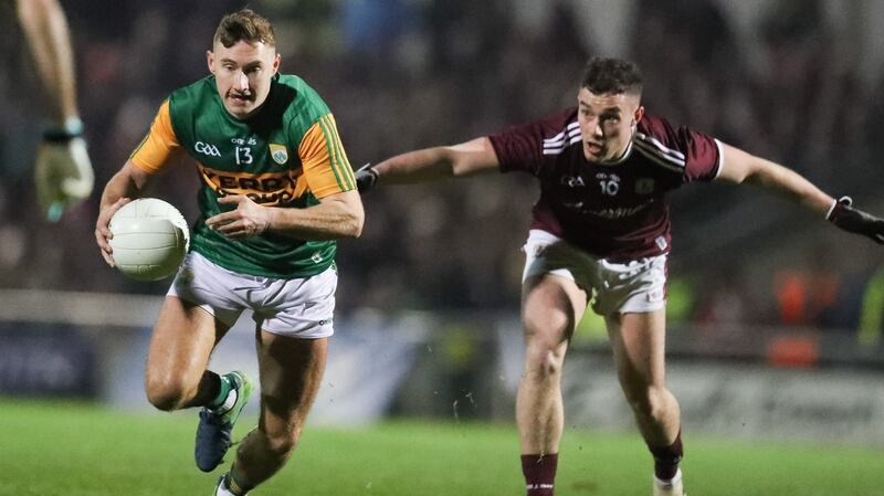 Kerry’s James O’Donoghue takes on the Galway defence. Photograph: Keith Wiseman/Inpho