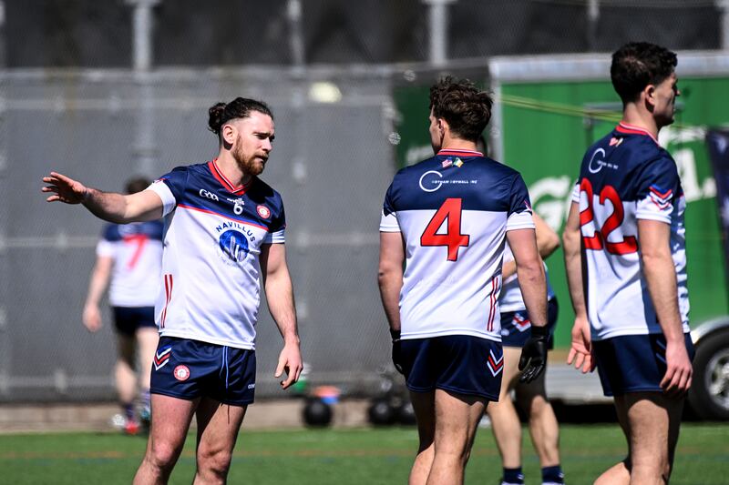 New York's Cian O'Dea and Tadgh O'Riordan in the Connacht SFC quarter-final against Mayo in Gaelic Park, New York last April. Photograph: Emily Harney/Inpho