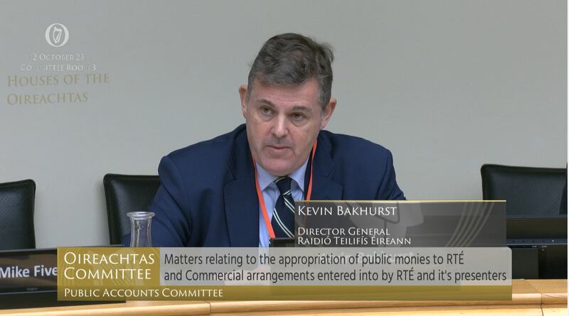 RTÉ director general Kevin Bakhurst in front of the PAC where he and colleagues are being quizzed on spending by the national broadcaster. Screengrab: Oireachtas TV