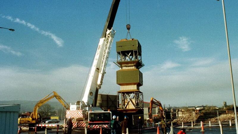 The removal of a permanent vehicle barrier from the Border between Strabane, Co Tyrone and Lifford, Co Donegal in 1998. 