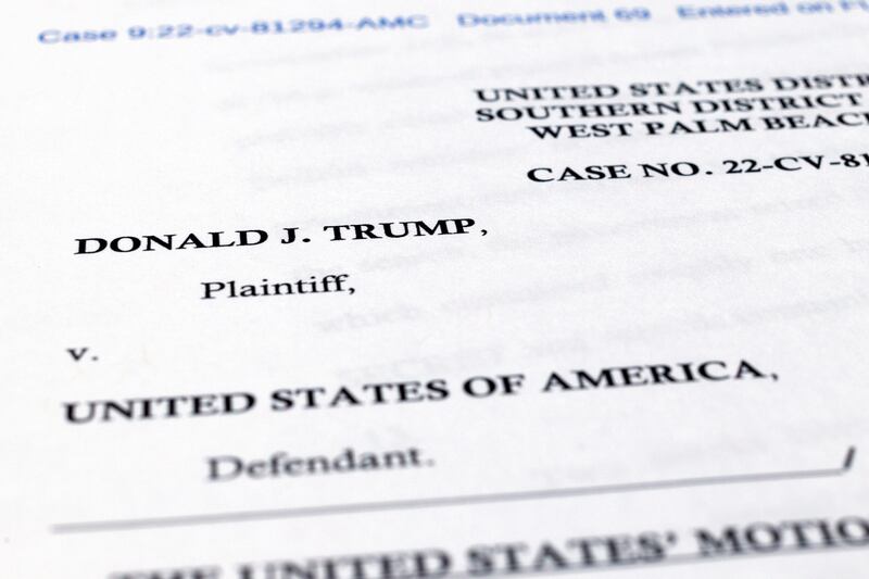 A page from the justice department’s motion to appeal against a judge’s decision to name an independent arbiter to review records seized by the FBI during a search of Donald Trump’s Mar-a-Lago estate. Photograph: Jon Elswick/AP