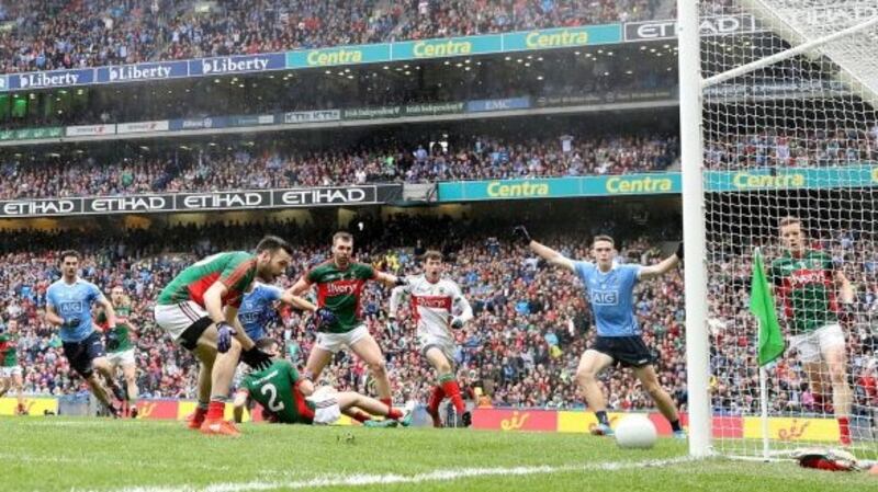 Kevin McLoughlin of Mayo scores an own goal during the 2016 All-Ireland Senior Football Championship final between Mayo and Dublin at Croke Park. Photo: Cathal Noonan/Inpho