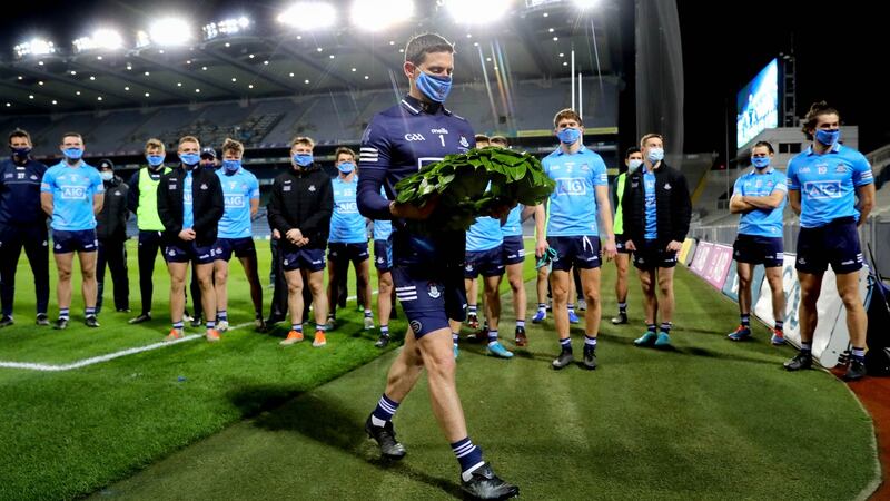 Dublin captain Stepehn Cluxton lays a wreath in memory of Bloody Sunday ahead of his side’s Leinster final against Meath. Photograph: Ryan Byrne/Inpho