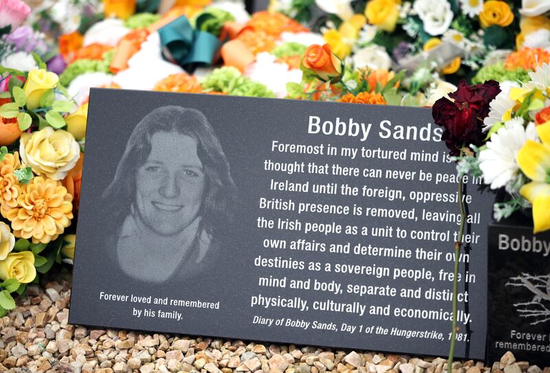 A memorial to IRA hunger striker Bobby Sands, who died in 1981 and is buried in the republican plot at Milltown Cemetery. Photograph: Stephen Davison