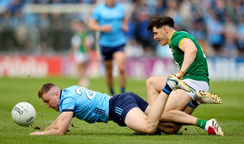 Meath’s Seamus Lavin and Paddy Small of Dublin contest a loose ball during the Leinster SFC semi-final. Photograph: Ryan Byrne/Inpho