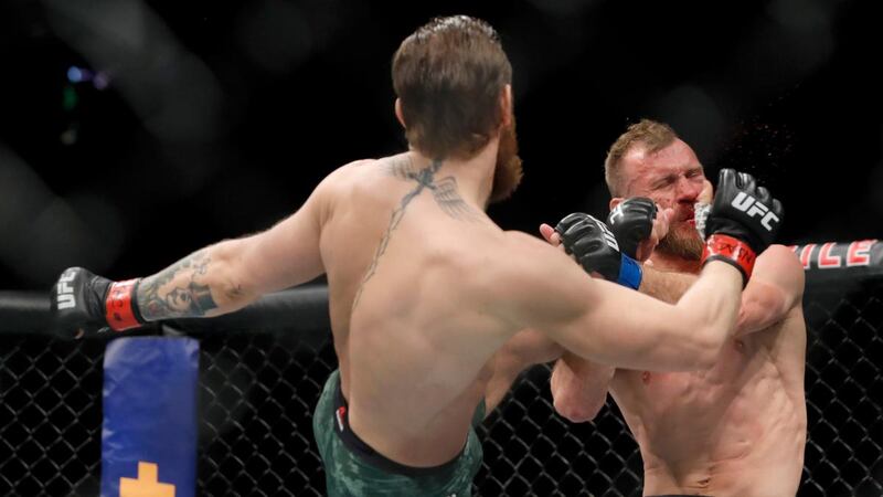 Conor McGregor lands a kick to the face of Donald Cerrone during his rapid win in Las Vegas. Photograph: Steve Marcus/Getty