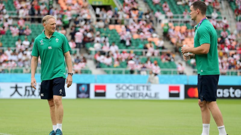 Joe Schmidt and Johnny Sexton ahead of Ireland’s defeat to Japan. Photograph: Dan Sheridan/Inpho