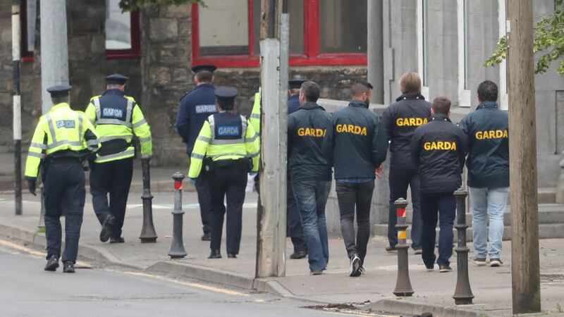 Gardaí at the scene in Castlerea, Co Roscommon, where Det Garda Colm Horkan died after being shot on Wednesday night. Photograph: Niall Carson/PA