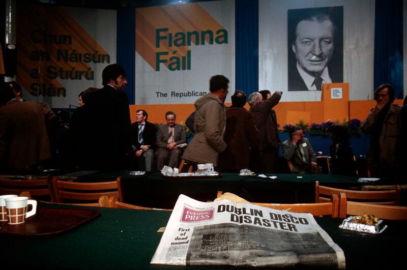 Confusion at the 50th Fianna Fail ardfheis at the RDS on the morning of the Stardust fire. The Ard Fheis, which was expected to be the launch pad for a general election, was cancelled by taoiseach and party leader Charles Haughey. Photograph: Eamonn Farrell/RollingNews.ie