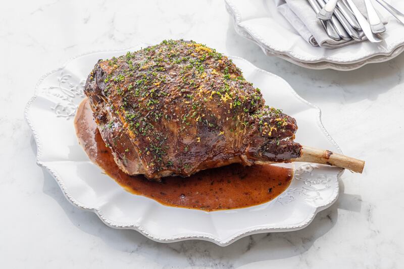 Slow roast and glazed leg of lamb with lemon and pepper. Photograph: Harry Weir Photography