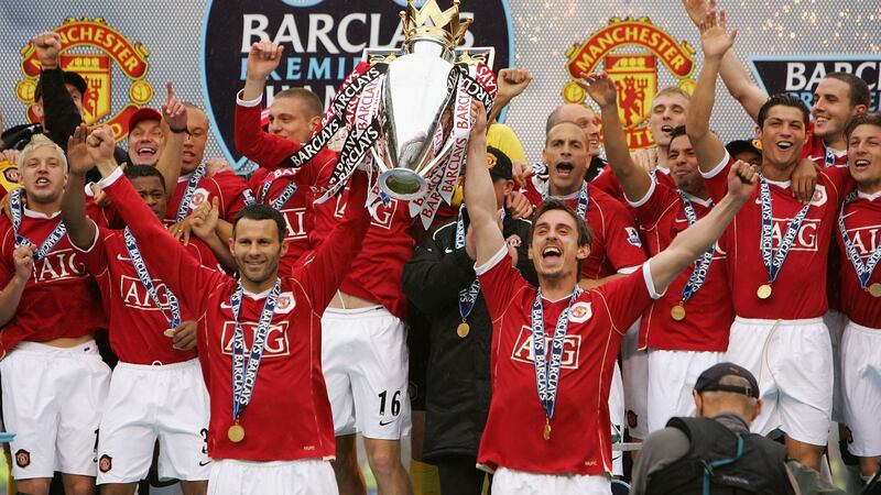 Ryan Giggs, lifting the trophy with Gary Neville in 2007,  won 13 Premier League titles with Manchester United. Photograph: Alex Livesey/Getty