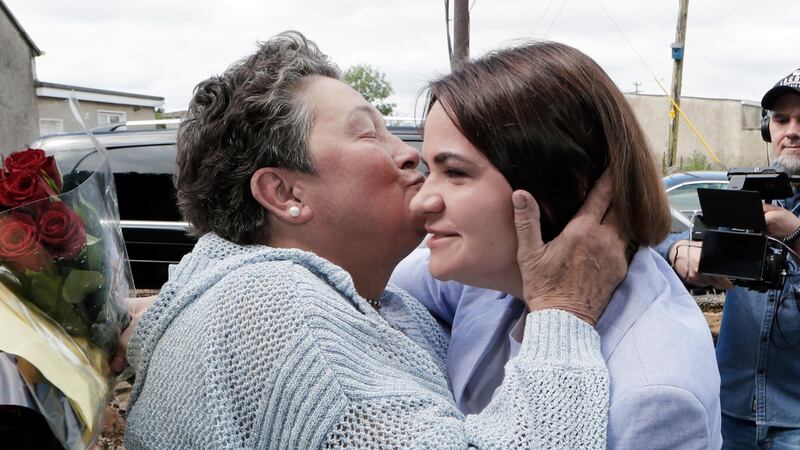 Belarusian Svetlana Tikhanovskaya embraces Marian Deane in Roscrea, Co Tipperary on a visit to her home. Photograph: Liam Burke/Press 22