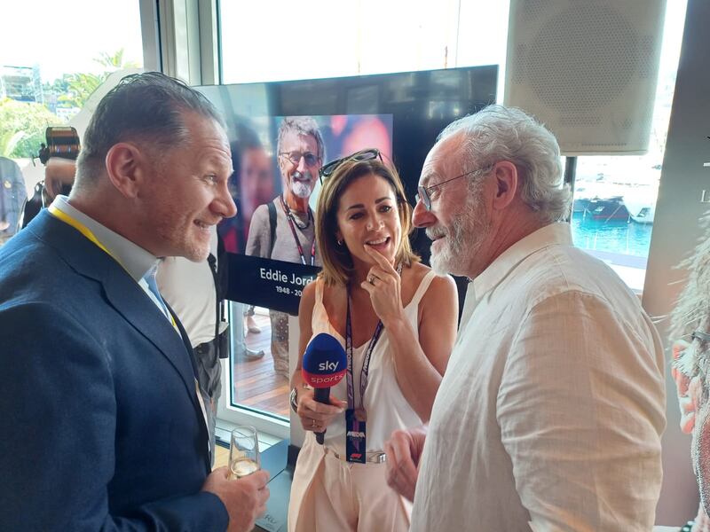Keith O'Loughlin, business partner of the late Eddie Jordan, speaks to actor Liam Cunningham at the Monaco Yacht Club event in Jordan's honour.