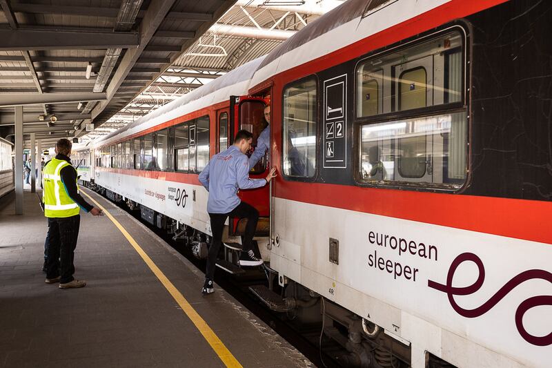 A European Sleeper (ES) night train connecting Brussels, Amsterdam and Berlin at Brussels-Midi railway station. Photograph: James Arthur Gekiere/ Belga/AFP via Getty