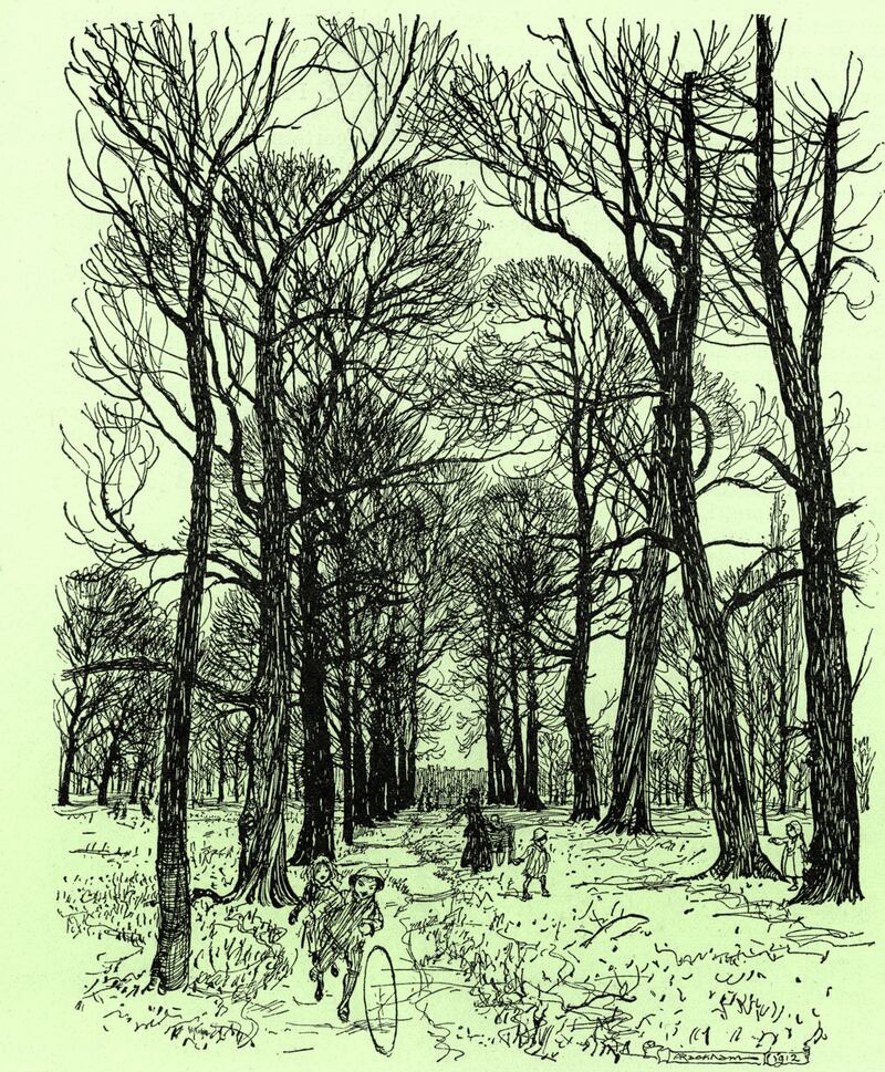 JM Barrie: one of Arthur Rackham's illustrations for Peter Pan in Kensington Gardens, the chapter in The Little White Bird in which the character of Peter first appears. Photograph: Culture Club/Getty