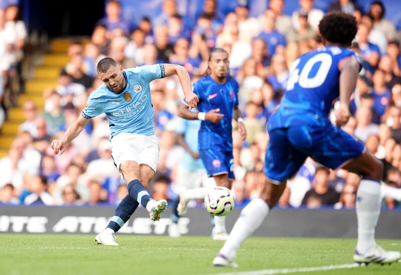 Manchester City's Mateo Kovacic scores his side's second goal. Photograph: Adam Davy/PA Wire