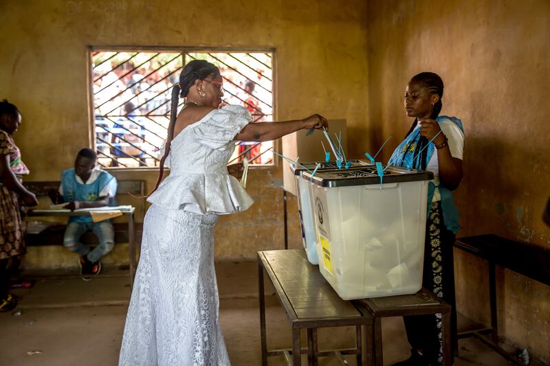 Marion Kamara, a first-time MP candidate for Freetown’s Western Area Rural District, voting on election day. Photograph: Sally Hayden