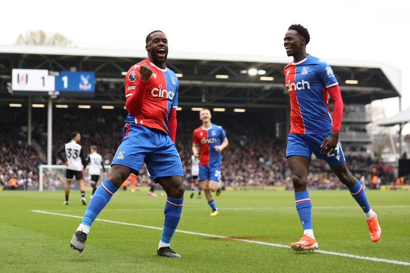 Jeffrey Schlupp celebrates scoring the equaliser for Crystal Palace against Fulham. Photograph: Ryan Pierse/Getty Images
